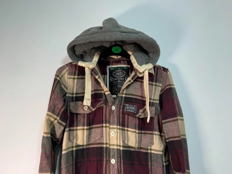 Superdry Camisa Leñador Franela Hombre Pequeña Beige Borgoña Cuadros Con Capucha Invierno Foto 2 de 4