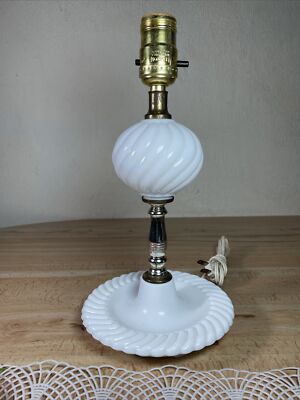 Vintage Leviton Milk Glass Ball Plate Swirl Ribbed Table Light Lamp Bedside Work
