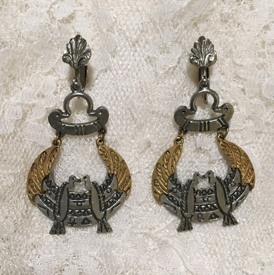 Vintage ART Earrings Egyptian Revival Clip Ons Gold Silver Tones Dangly Art Deco