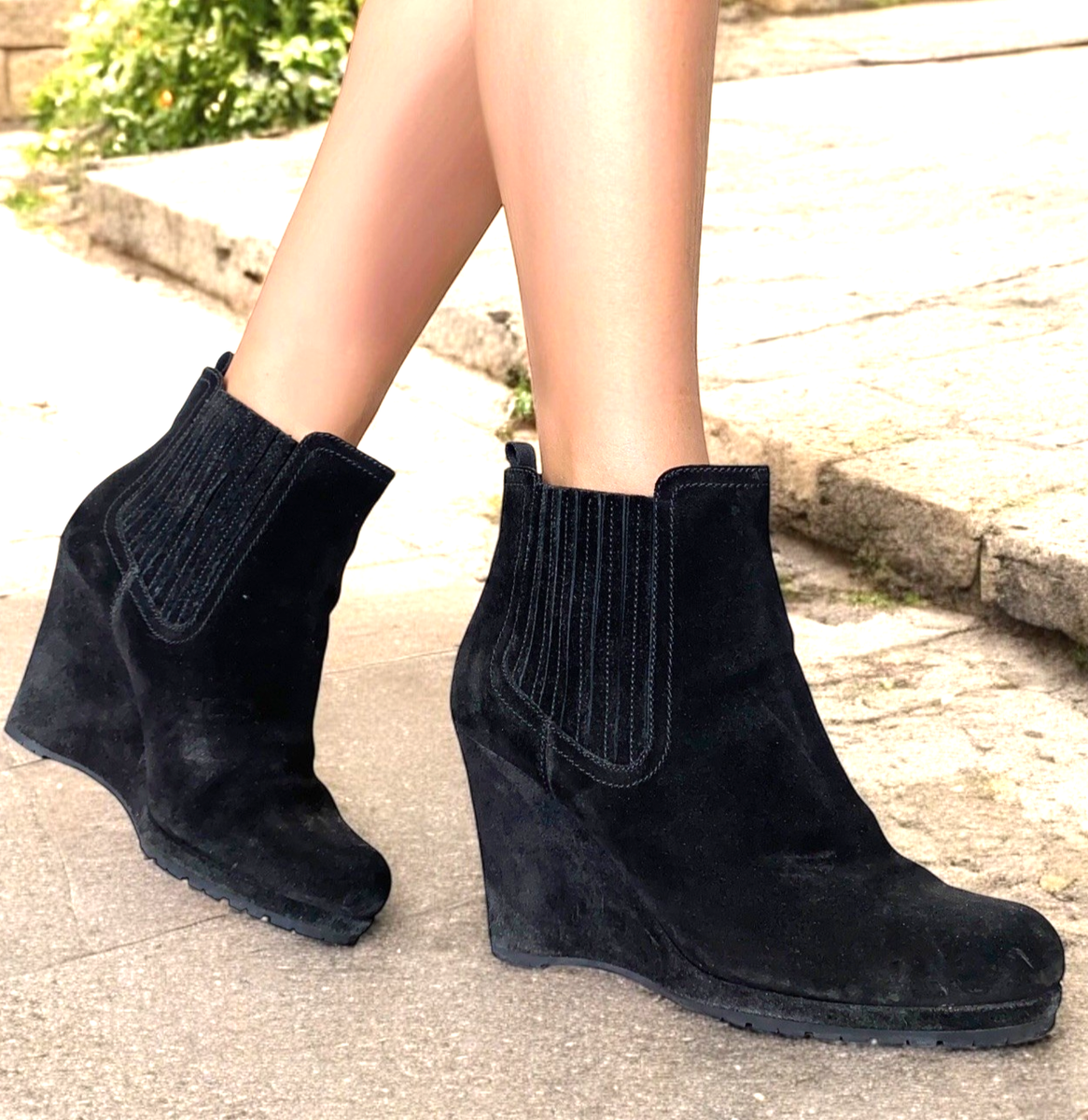 PRADA Black Suede Chealsea Wedge Heel Ankle Boots, Size 39