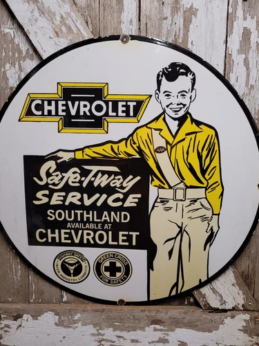 VINTAGE CHEVROLET PORCELAIN SIGN 30" AAA HIGHWAY SAFETY CAR TRUCK DEALER SALES