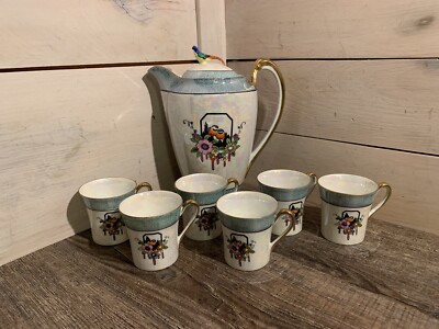 VTG Noritake Handpainted Lusterware Teapot W/Demitasse Glasses Bird Iridescent