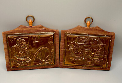 Pair Embossed Copper Art Over Wood Numbered Signed A. Nadeau Quebec CA Vintage