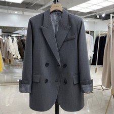 Women Double-Breasted Fashion Blazer Jacket Tops Business Work Casual Coat Grey