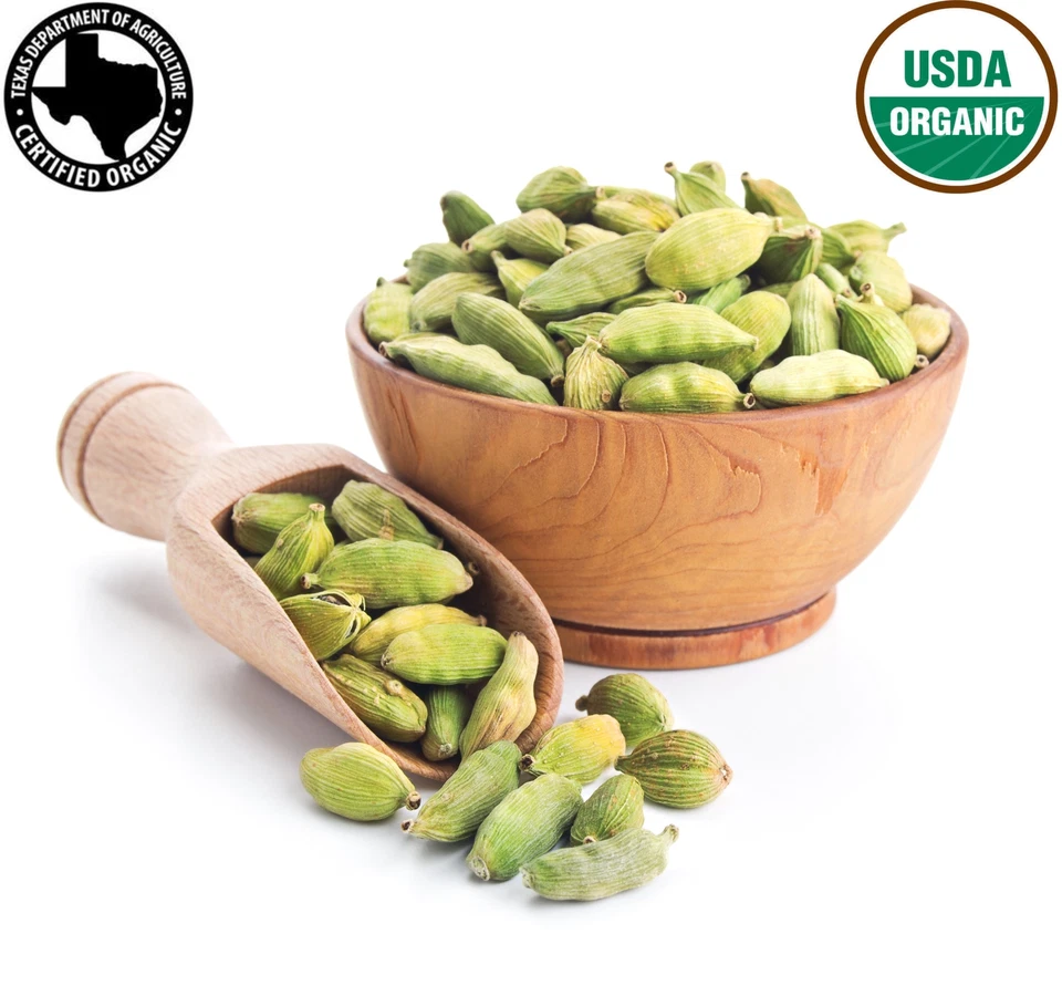 Vainas de cardamomo verde Jumbo orgánico - especias Elaichi enteras para cocinar y hornear Foto 3 de 4