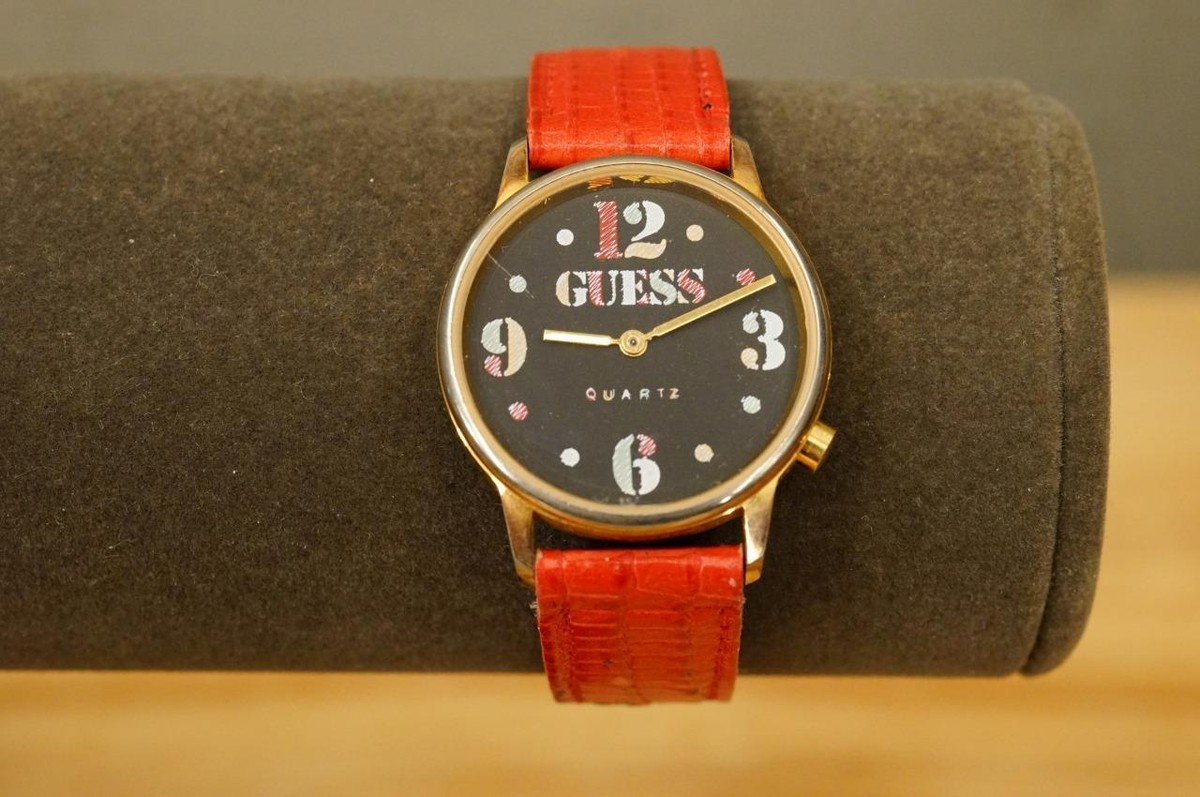 Vintage Jewelry 1990s Era GUESS Brand Quartz Watch Red Band Multi