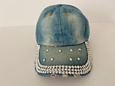 Womens Denim Rhinestone Bling Distressed Adjustable Baseball Cap Hat Brand New