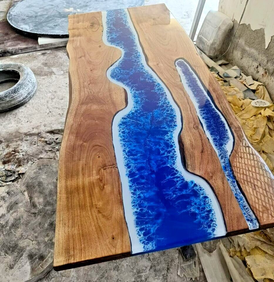 Natural Ocean Wave Blue Resin Beach Side Table, Wooden Sea Themed Countertops