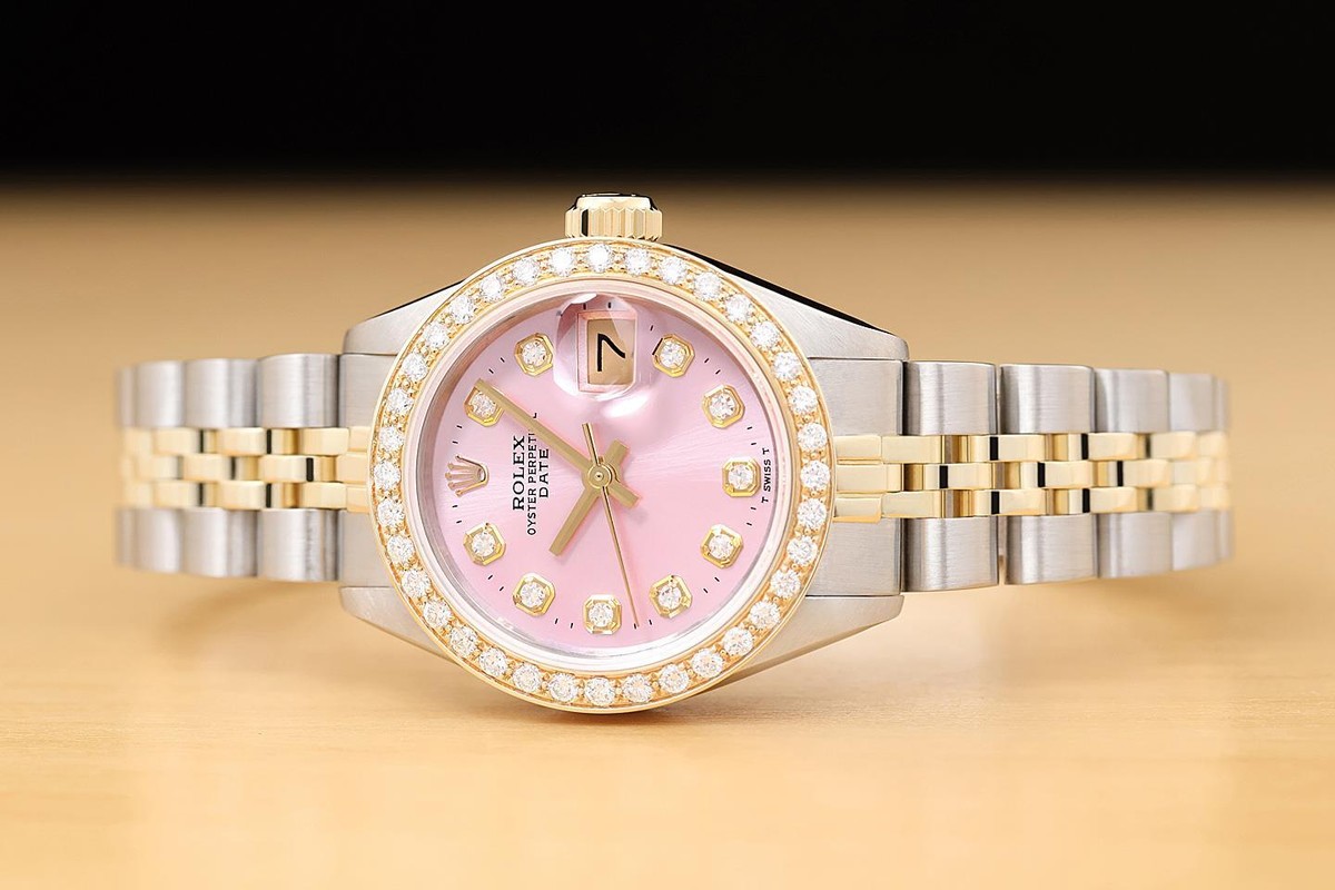 ROLEX LADIES DATE 6917 PINK DIAMOND 14K YELLOW GOLD STAINLESS