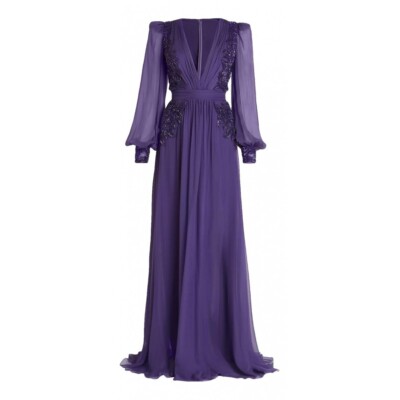 zuhair murad silk maxi dress ZUHAIR MURAD Silk Chiffon Beaded V-Neck Gown Maxi Dress US:10