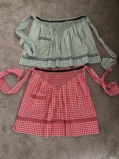 2 Vintage Half Aprons Red  Green Gingham Cross Stitch 50  s Retro MCM