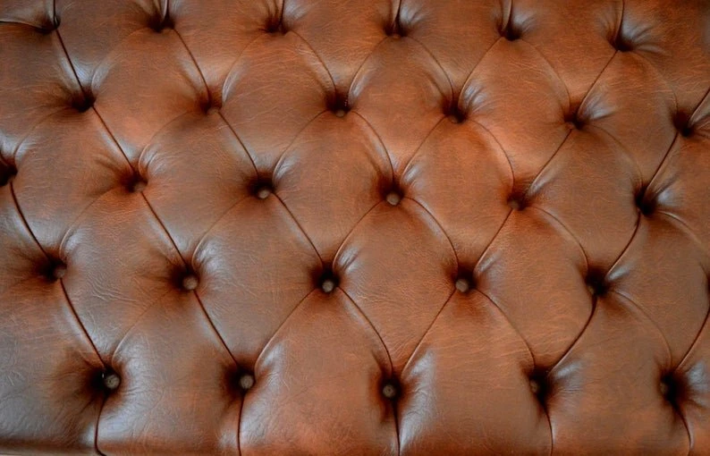  Chesterfield Deep Button Footstool in Chestnut Faux Leather With Mahogany Legs - Image 3 of 4
