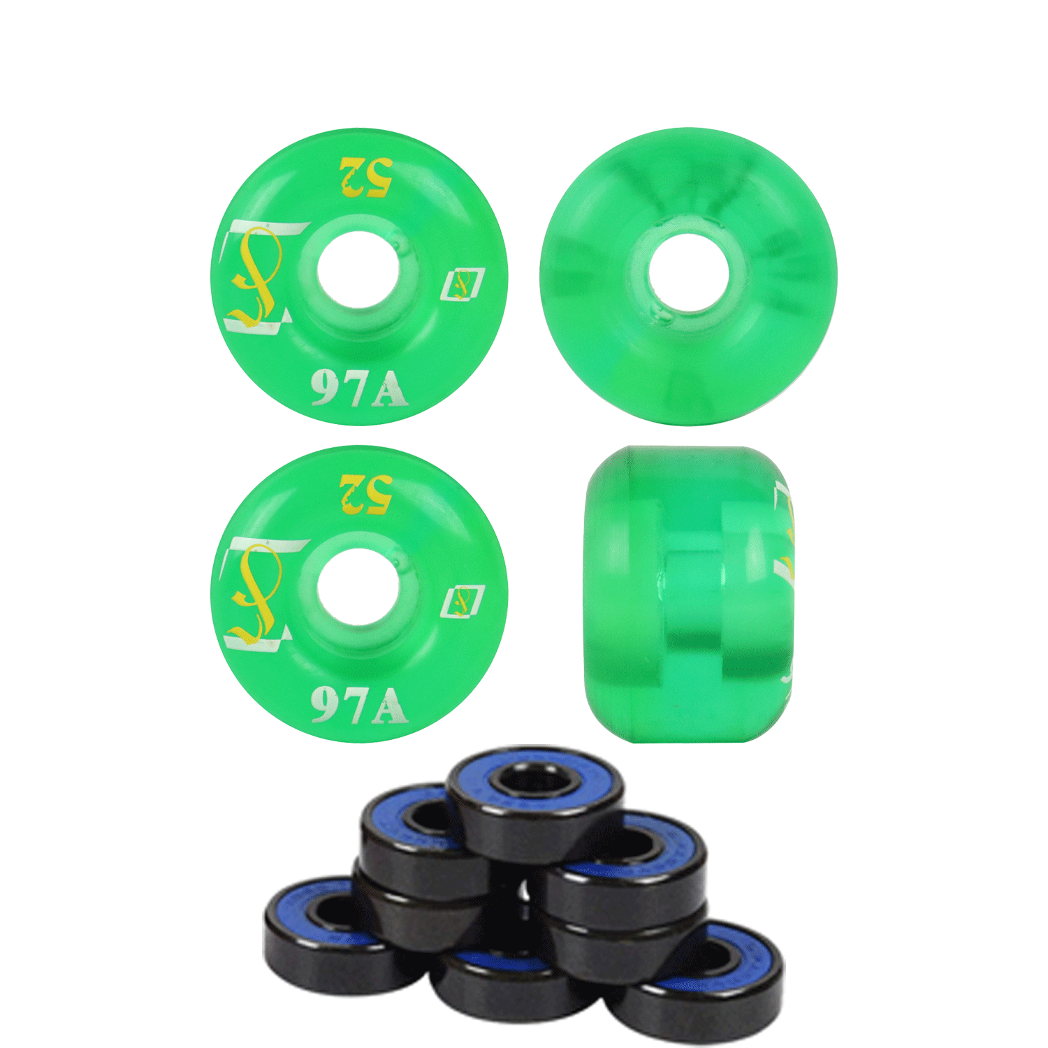 Printed Skateboard Wheels Soft Gel 97A Clear Green 52mm x 36mm + Abec 7 Bearings