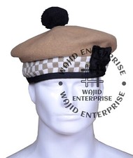 Khaki  White Diced Balmoral Hat - Scottish Military Piper Beret Bonnet Kilt Cap