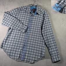 Robert Graham Shirt Mens XL Blue Gray Plaid Flip Cuff Long Sleeve Button Luxury