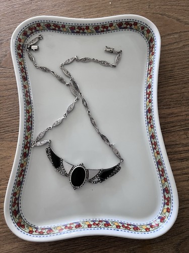 Art Deco sterling silver necklace  black onyx, mother-of-pearl, and marcasite