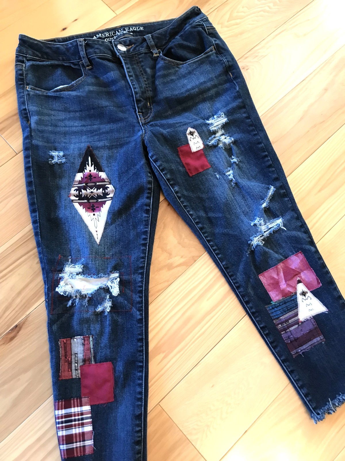 Upcycled Aztec Patchwork Jeans, Distressed Croppe… - image 11