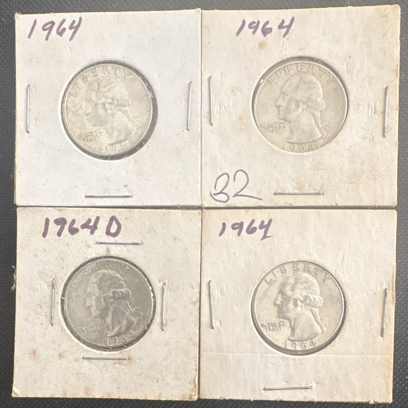 Washington Silver Quarter 25C Lot of 4 (1964, 1964-D Denver) Business 0.9