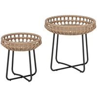 2Er Set Beistelltisch Polyrattan Ø60/41 Cm Rund Wetterfest Mit X-Beine FußPads