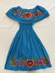Toddler Girl Mexican Blue Embroidered Floral Off-Shoulder Dress