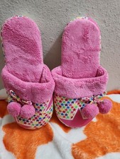 Victoria's Secret Plush Stars W/ Pom Poms Pink Slip On Slippers Size Med 7/8