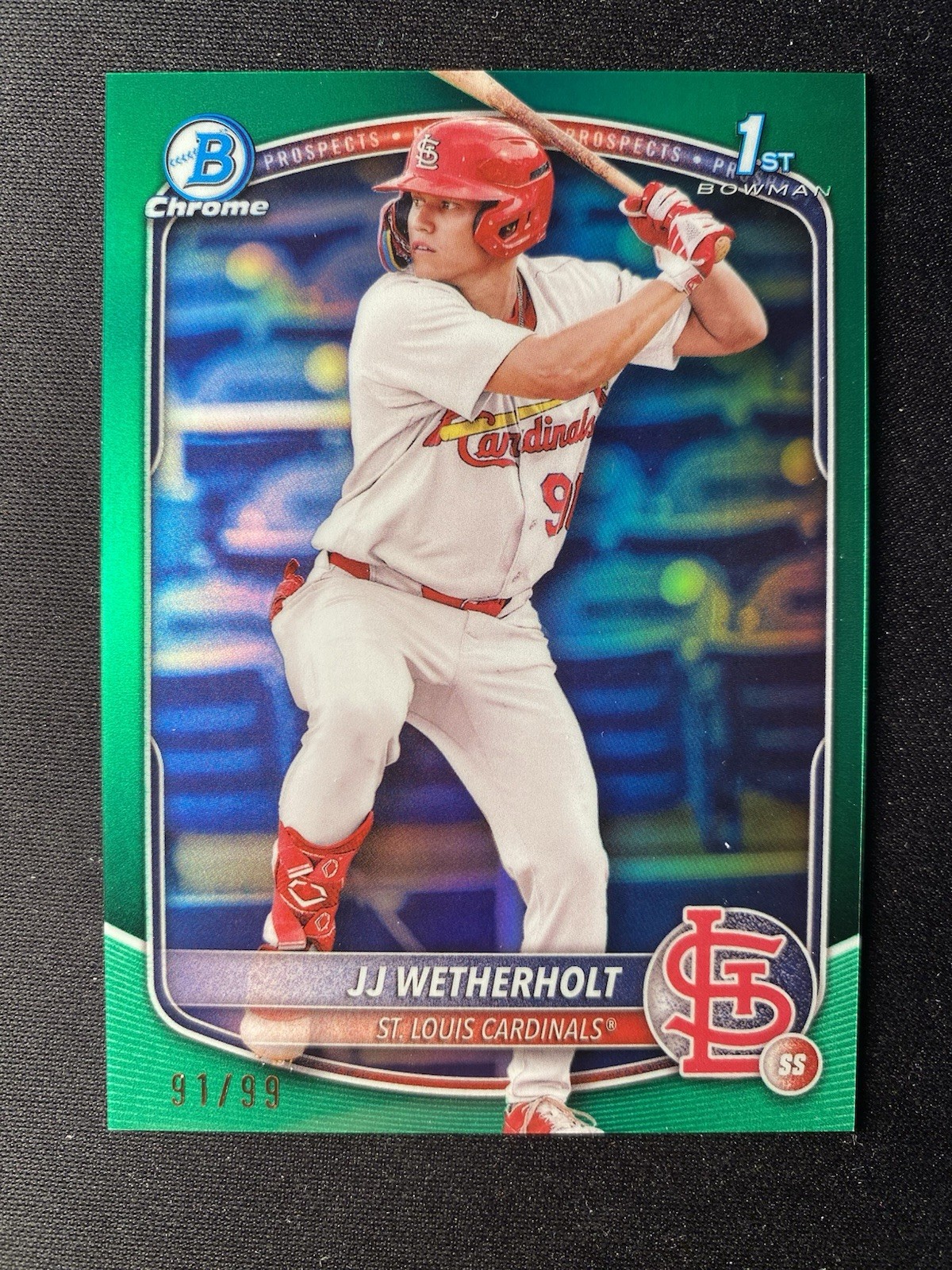 JJ Wetherholt 2025 Bowman Chrome 1st #BCP-22 True Green Refractor /99 Cardinals