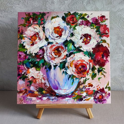 original oil painting Rose bouquet flowers artwork Floral wall art 12*12 inch - Picture 4 of 14