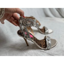 Betsey Johnson Silver Sequin Ankle Wrap Heels w/ Leopard Insole Size 10
