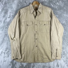 Vintage 1950s Boldwin Sanforized Shirt Mens L Khaki Distressed Button Up Gusset