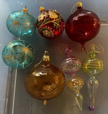 Blown Glass Christmas Ornaments Lot 6 Tear Drops Finial Aqua Blue Red Green Pink