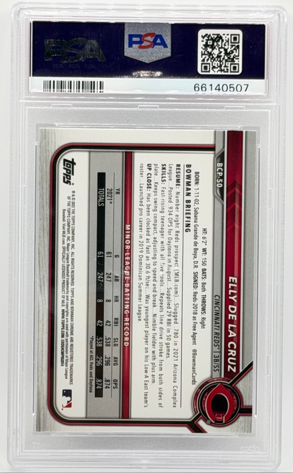 2022 Bowman Mega Box Chrome Elly De La Cruz BCP50 Mojo Refractor PSA 10 view 2