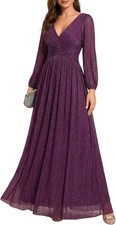 Women's A-Line Glitter Formal Dresses V-Neck Long Sleeves Mother of Bride Dress