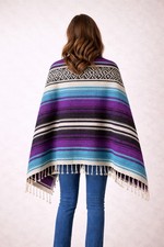 Mexican Serape Blanket Shawl Poncho Purple Turquoise Fringe NEW 71x47