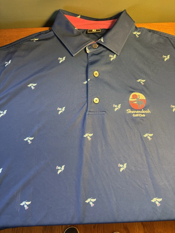 FJ FootJoy 男式大号高尔夫衬衫 Shenendoah 高尔夫俱乐部刺绣标志蓝色 — 第 2/4 张图片