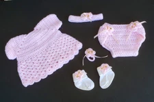 Hand Crocheted 6-piece Reborn Girl Doll Outfit-0-3 m-Includes Magnetic Pacifier