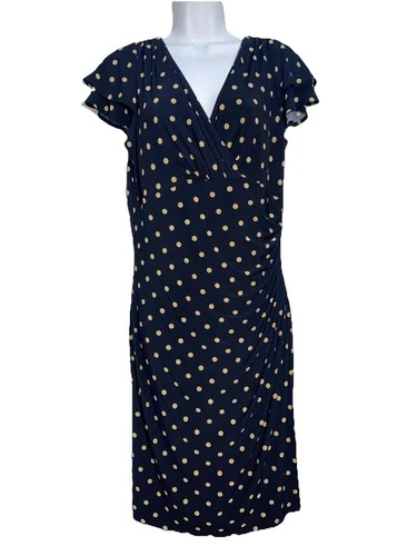 Ralph Lauren Dress Navy Blue Polka Dot Wrap Flutter Sleeve Sz 12 Pin-up Sexy