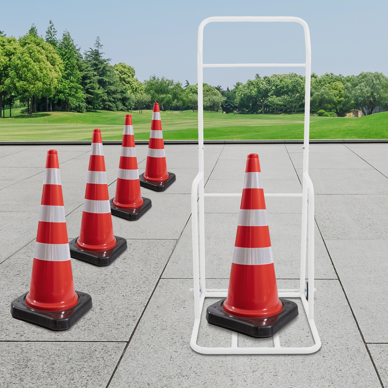 Traffic Cone Cart, White Traffic Cones Holder With Wheels, Iron Traffic Cone Car