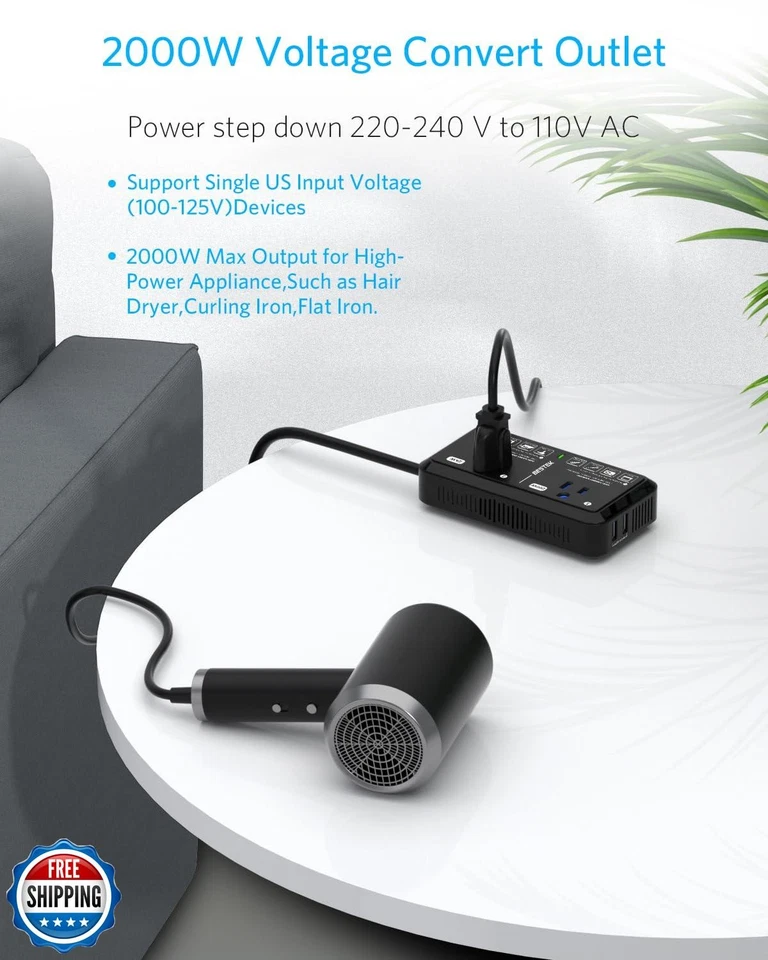 European Travel Plug Adapter 220V to 110V Voltage Converter US to Europe 2000 - Image 3 of 4