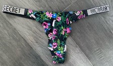 Victoria's Secret Black Floral Rhinestone Logo Shine Strap Thong Panty Medium