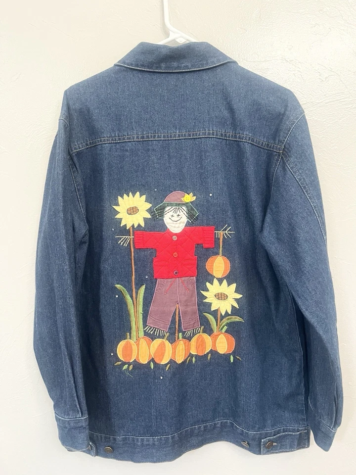 VTG Quacker Factory Denim Jacket Womens M Scarecrow Pumpkin Fall Embroidered - Image 2 of 4