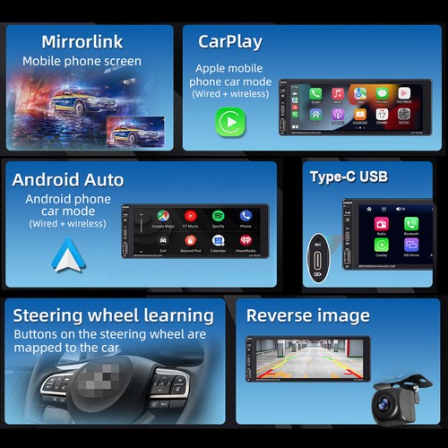 Single Din Car Stereo Wireless Apple CarPlay 6.9 touchscreen Bluetooth Radio USB - Picture 2 of 8
