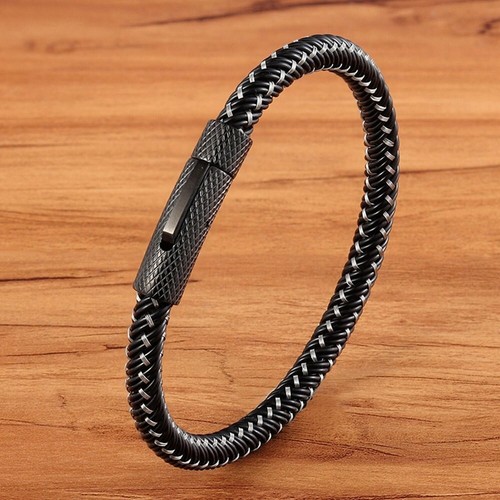 Bracelet Homme en acier et cuir noir KING