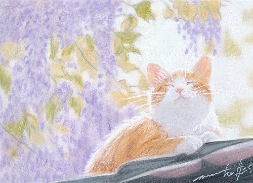 ACEO original pastel drawing orange cat , ginger cat, purple flower by Anna Hoff