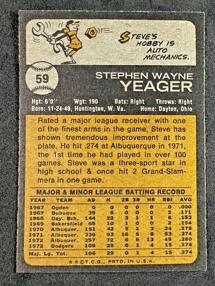 Steve Yeager RC 1973 Topps #59 Rookie Los Angeles Dodgers Foto 2 de 4