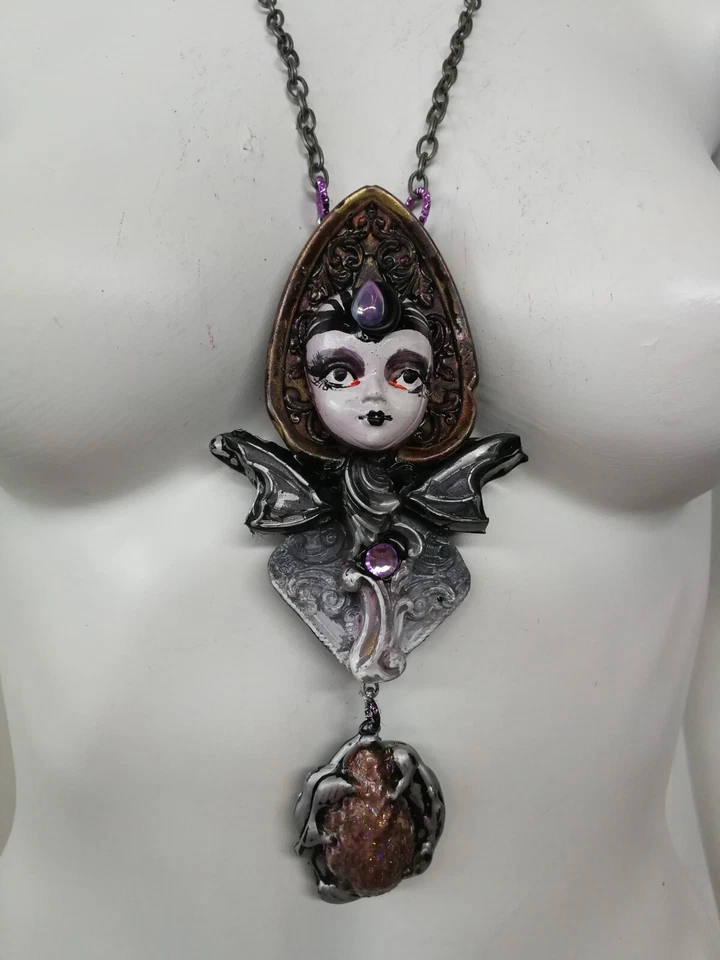 Doll Head Jewelry Necklace Pendant Fairy Gothic Dark Goth Luxury Chunky Art Deco - Image 2 of 4