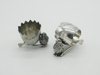 Silver Plated Wishbone, Chick Egg, Egg Cup Napkin Ring Set Antique  c1920 UK