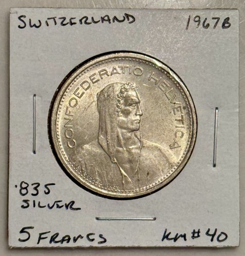 1967 B Switzerland 5 Francs Silver Coin - KM#40