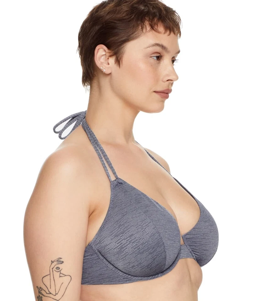 Top de natación Miss Mandalay AZUL PLATEADO Denim Lurex Halter, EE. UU. 34E, UK 34DD Foto 3 de 4