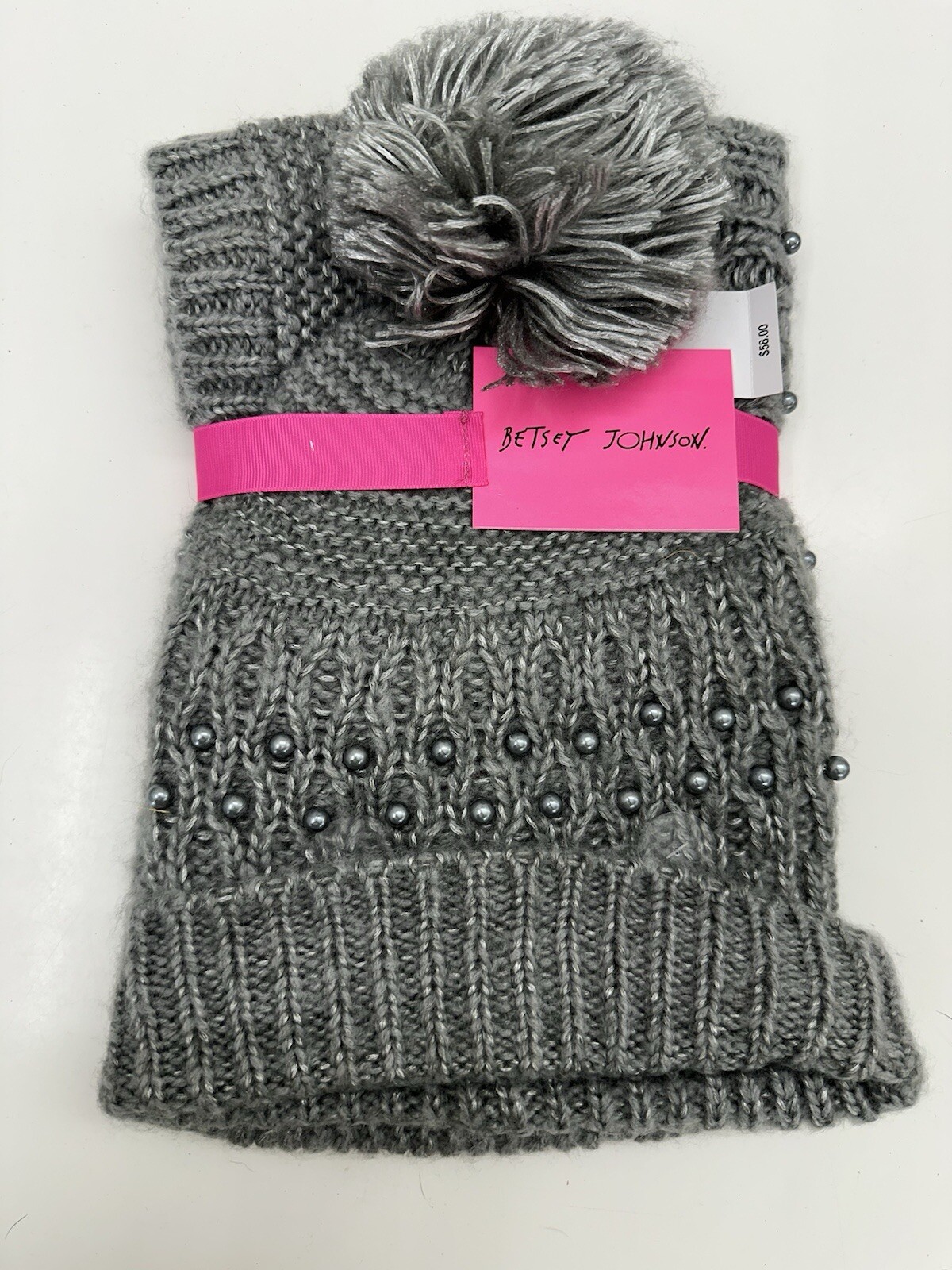 Betsey Johnson Womens 2-Piece Set Scarf Snood & Hat Beanie Gray Beaded Knit NWTs
