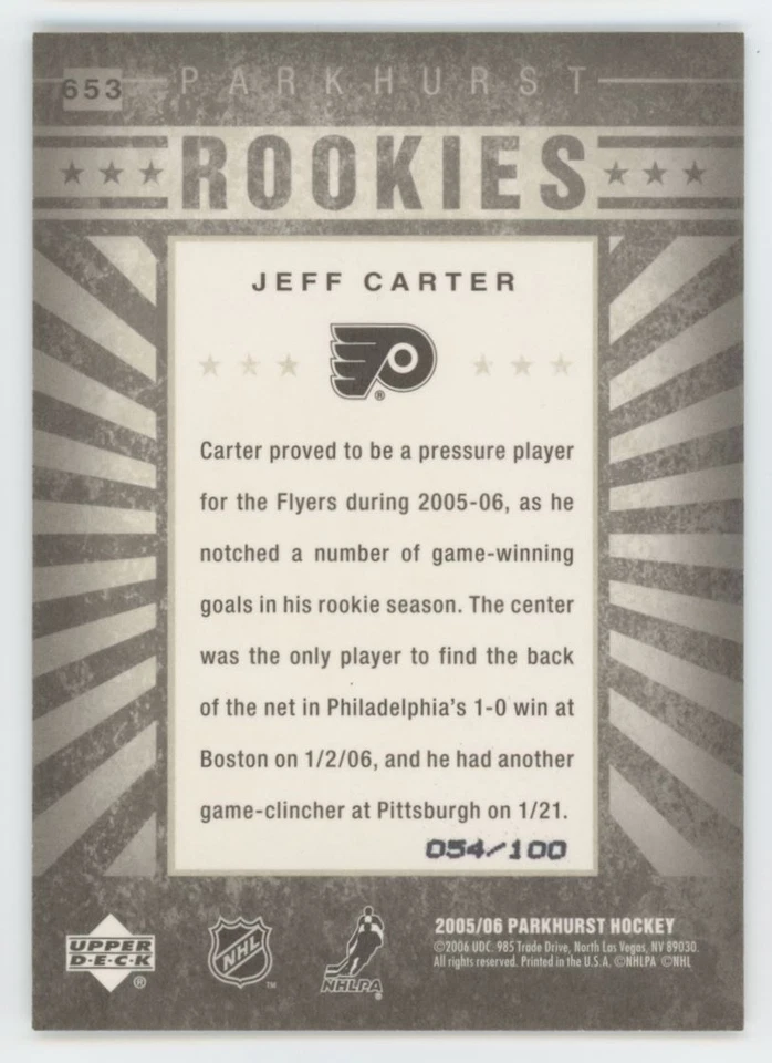 Parkhurst 054/100 2005-06 Jeff Carter novato Philadelphia Flyers #653 Foto 2 de 2